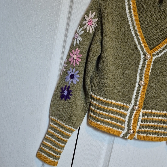 Anthropologie Floral Embroidered - Olive Green Cardigan Sweater - Picture 2 of 4